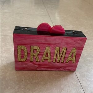 Que Pink Acrylic 'QUEEN' Box Clutch with Gold Glitter Letters